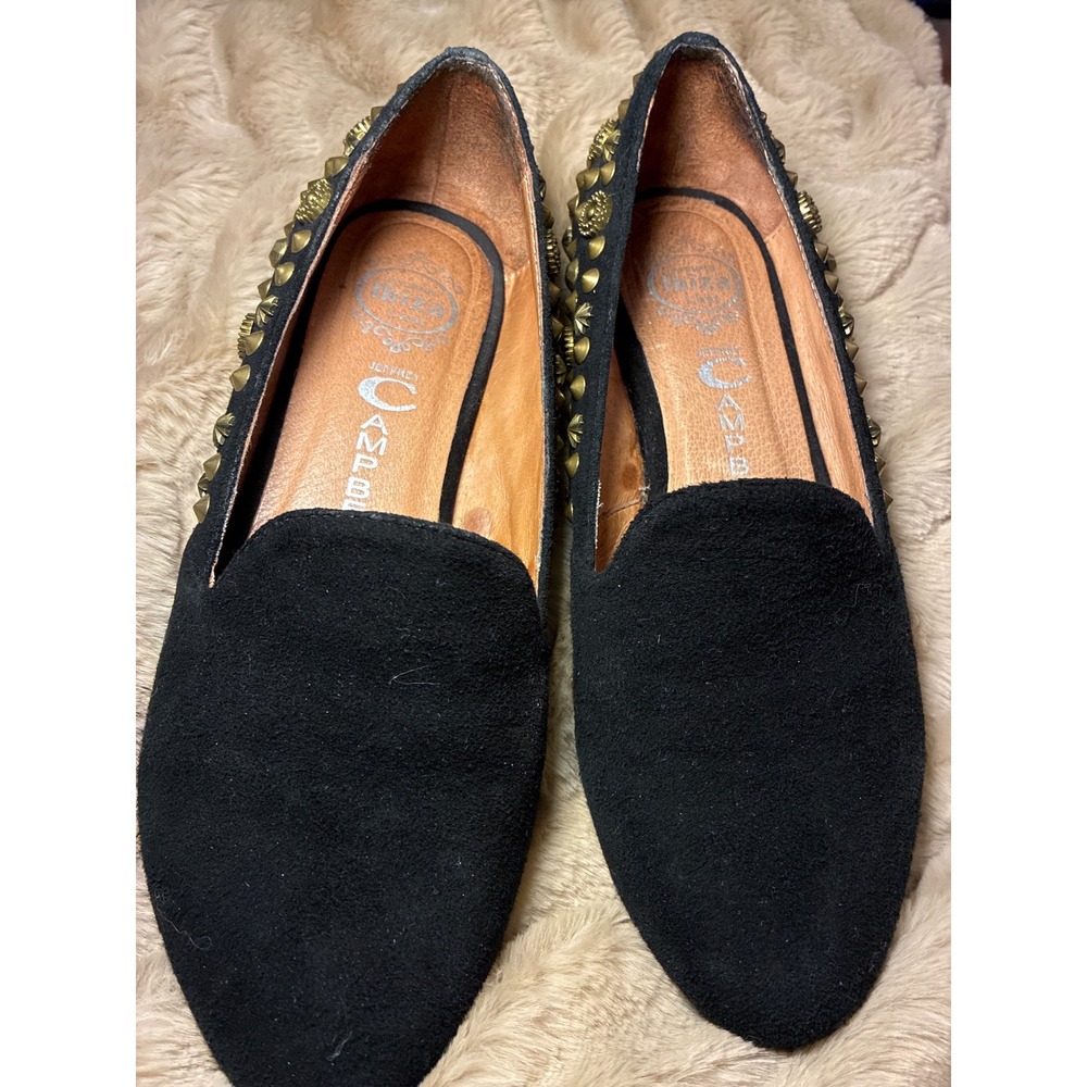 Jeffrey Campbell Ibiza Last Black Suede Studded Loafers Brass Hardware Flats
